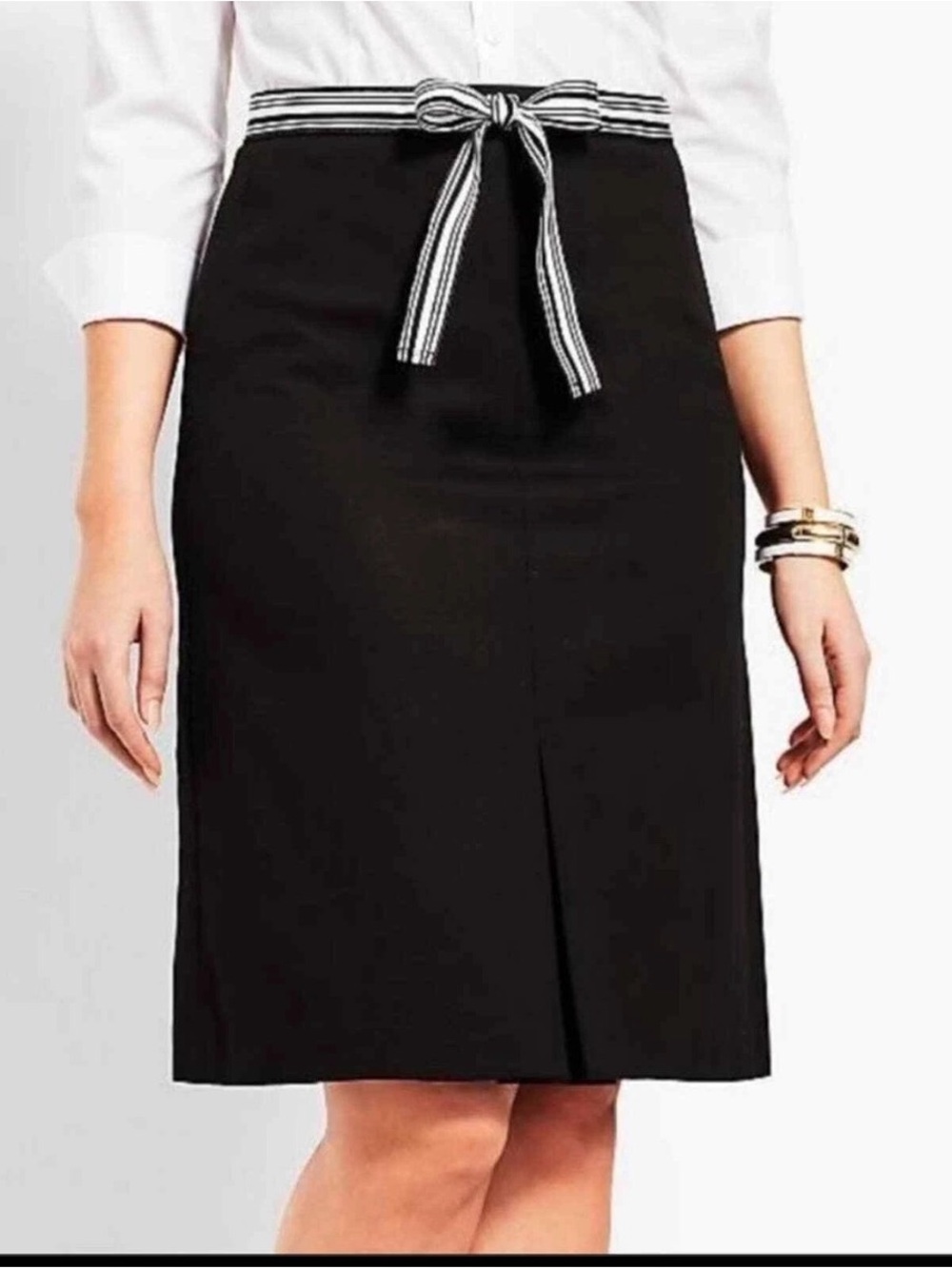 Talbots Black A-Line Knee-Length Skirt with Striped Ribbon Bow Waist Size 4